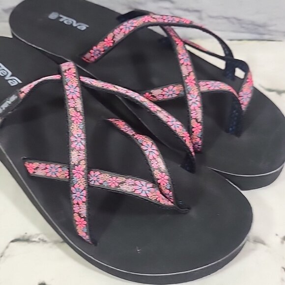 Teva Mandalyn Ola Wedge Sandals Black Pink US 10 Womens Platform Flip-Flops New - Picture 3 of 8